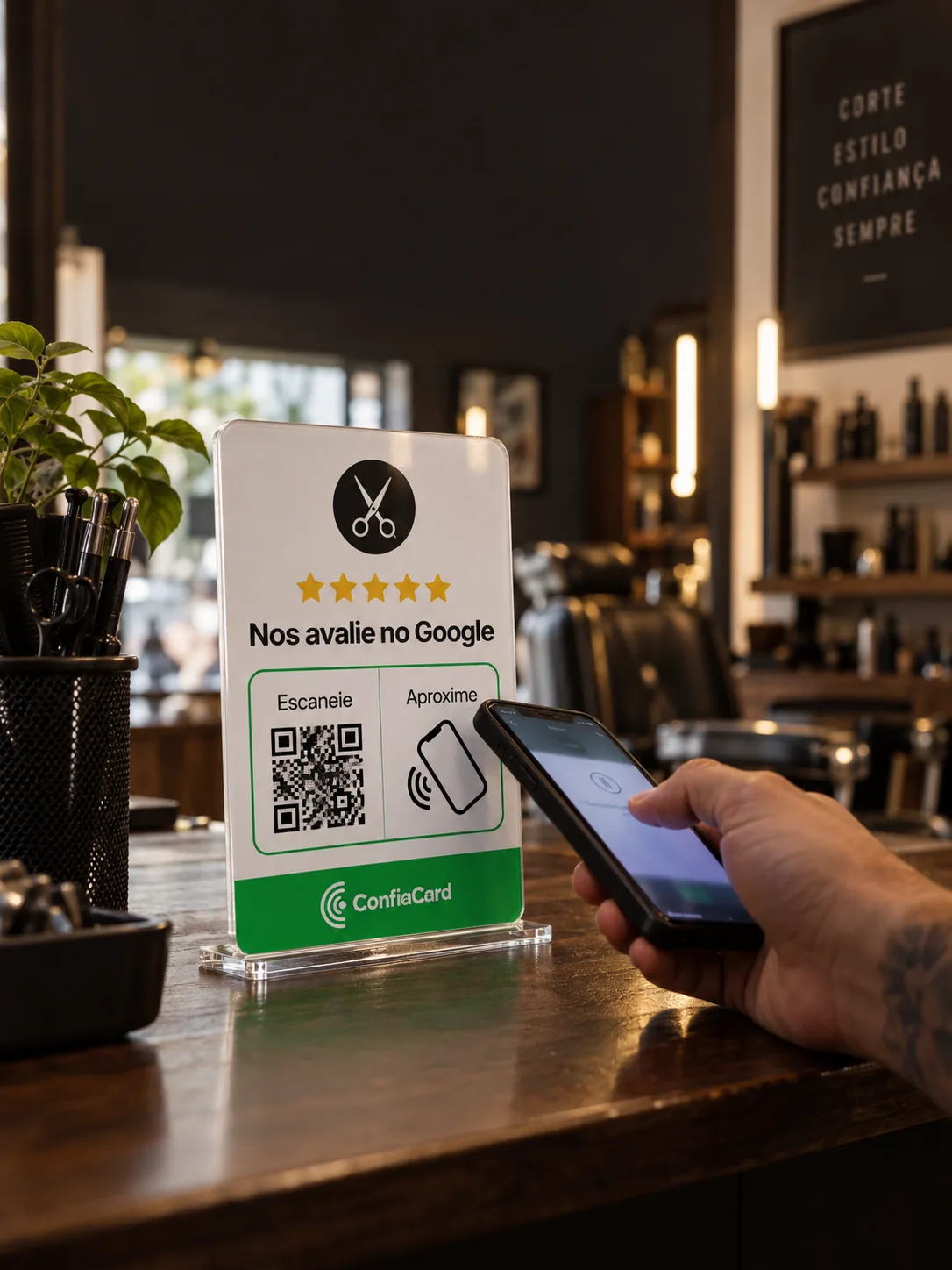 Cliente encostando o celular na plaquinha no balcão de uma barbearia