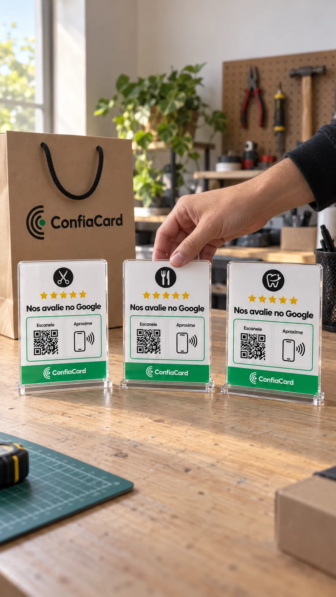 Três plaquinhas ConfiaCard com ícones de tesoura, garfo e faca e dente