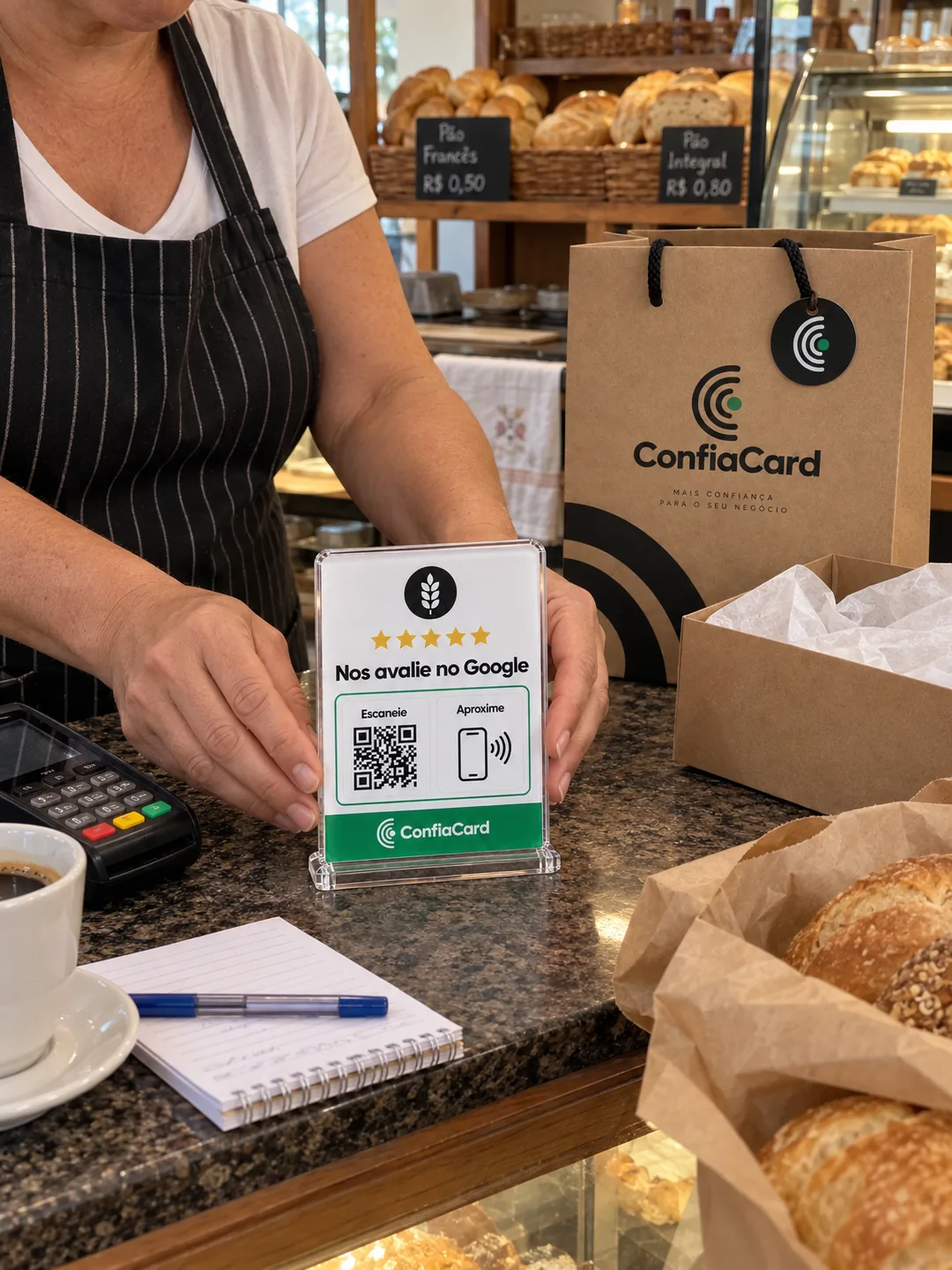 Plaquinha ConfiaCard no balcão de uma padaria